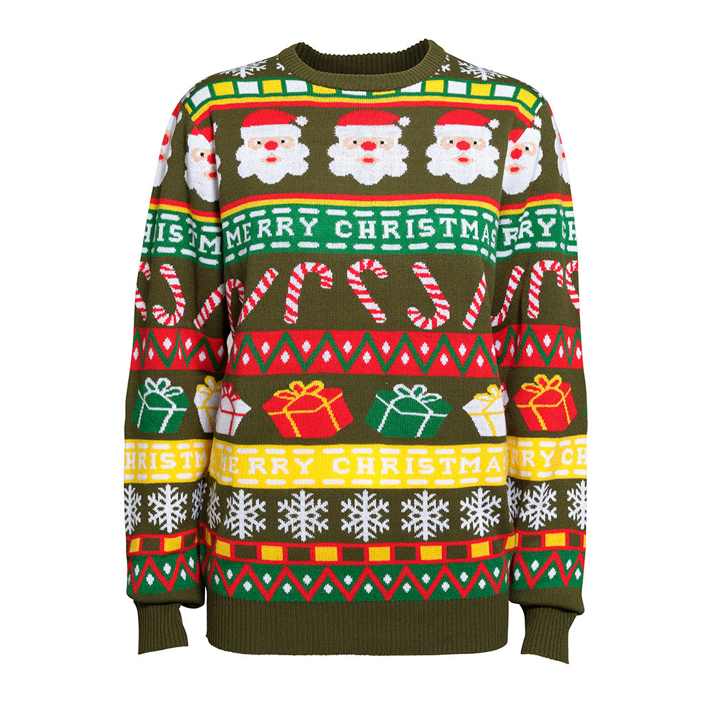 Un maglione natalizio verde con un motivo.